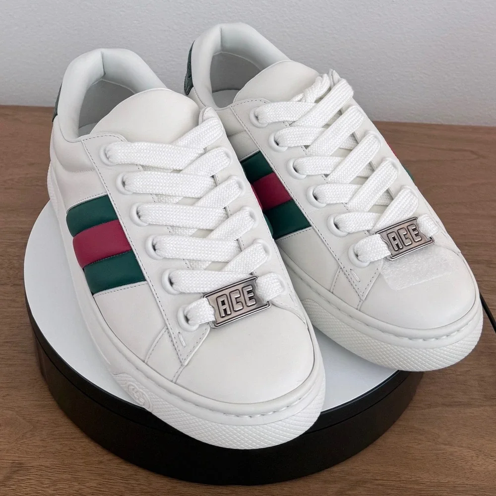 Gucci Ace White Leather Web Stripe Sneakers Green Croc Heel 791394 Mens UK 9